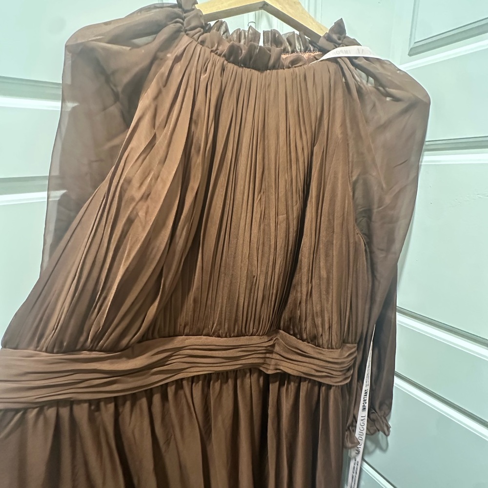 Mac Duggal Brown Pleated Long Sleeve Sundress